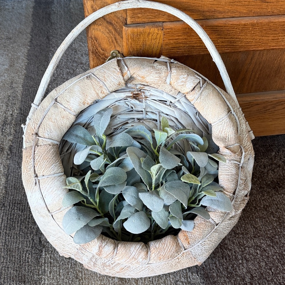 Organic Palm Frond Hanging Basket Wallpocket with Branch Handle BOHO